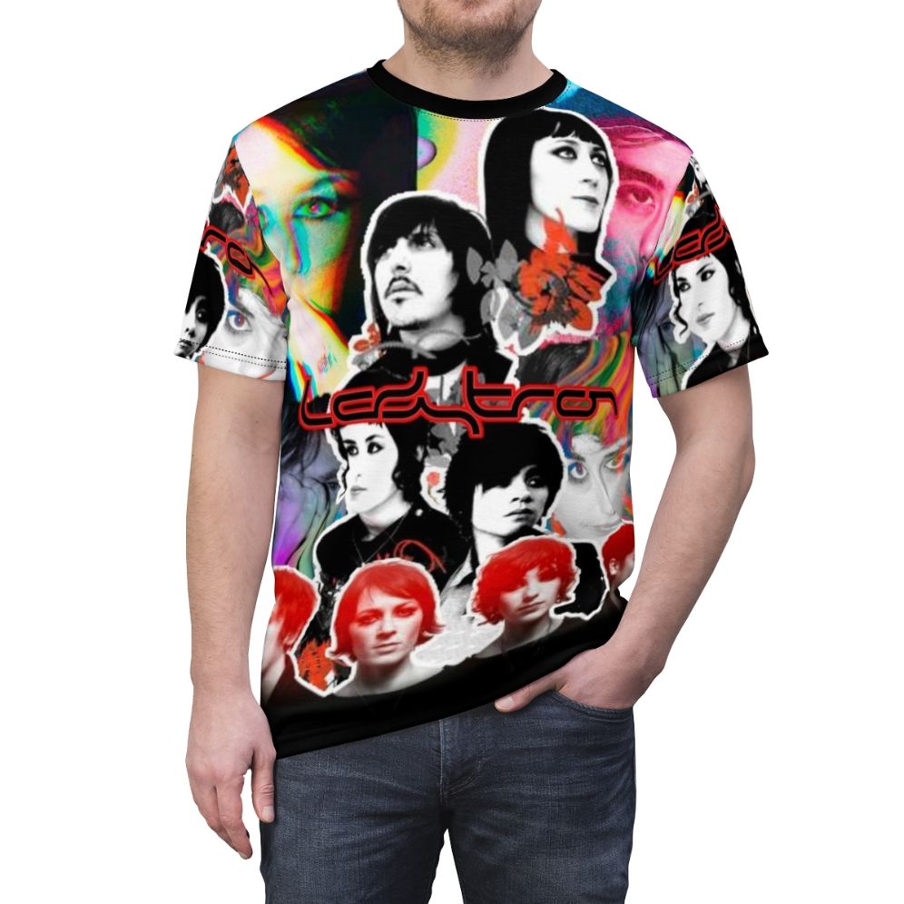 Collage-inspired graphic t-shirt featuring the synthpop and electropop band Ladytron - men front