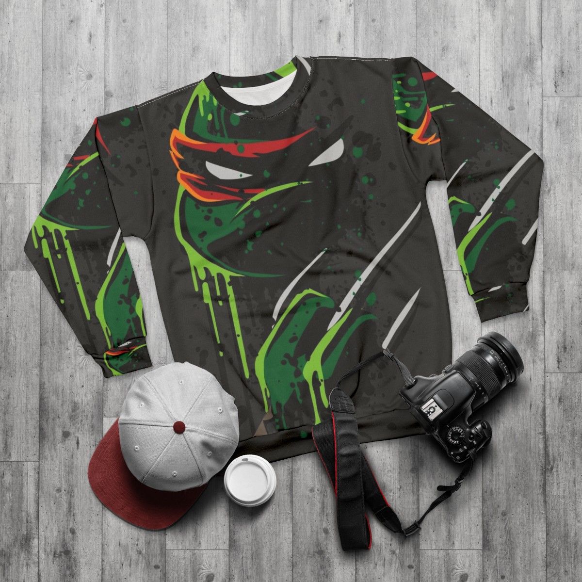 Raphael TMNT Ninja Turtle Cowabunga Sweatshirt - flat lay