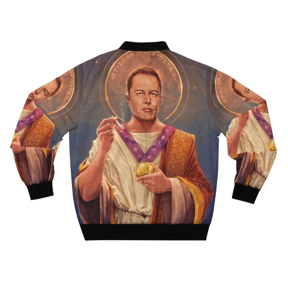 Elon Musk "Saint Elon" Pop Art Bomber Jacket featuring a religious-themed portrait of Elon Musk against a space background. - Back