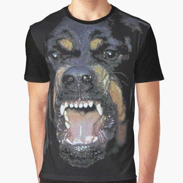 Man wearing a black t-shirt with a large rottweiler graphic design