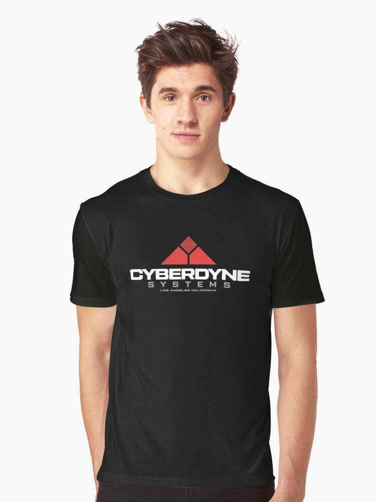 A graphic t-shirt featuring the Cyberdyne Systems Corporation logo and Terminator imagery, representing the sci-fi and artificial intelligence themes. - Men