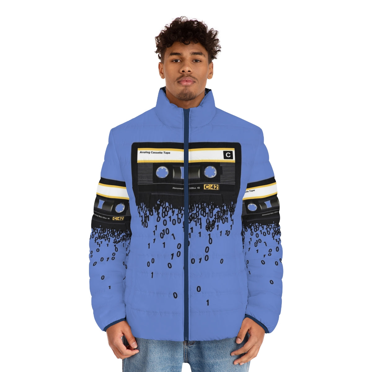 A puffer jacket featuring a vintage cassette tape design, perfect for music lovers and retro enthusiasts. - men front