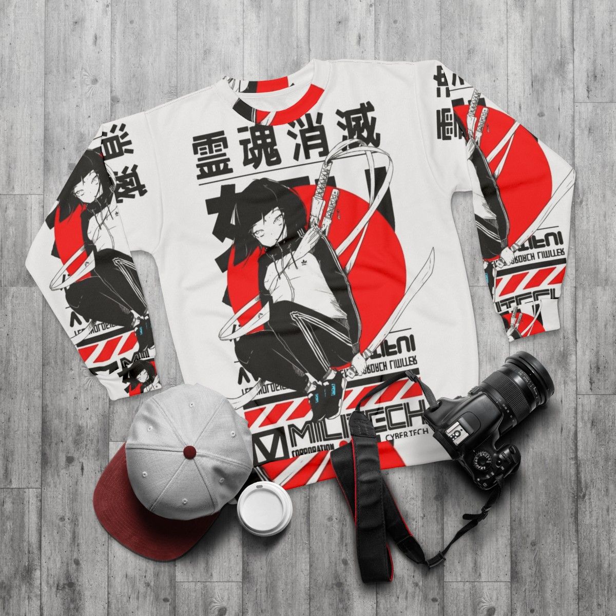 Japanese fashion urban cyberpunk style sweatshirt - flat lay