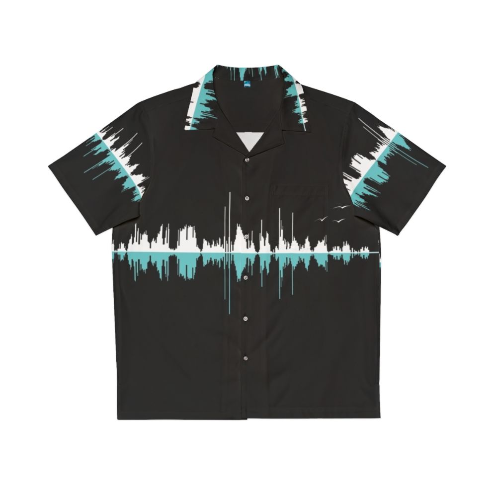 Music city black Hawaiian shirt with soundwave and city landscape graphic