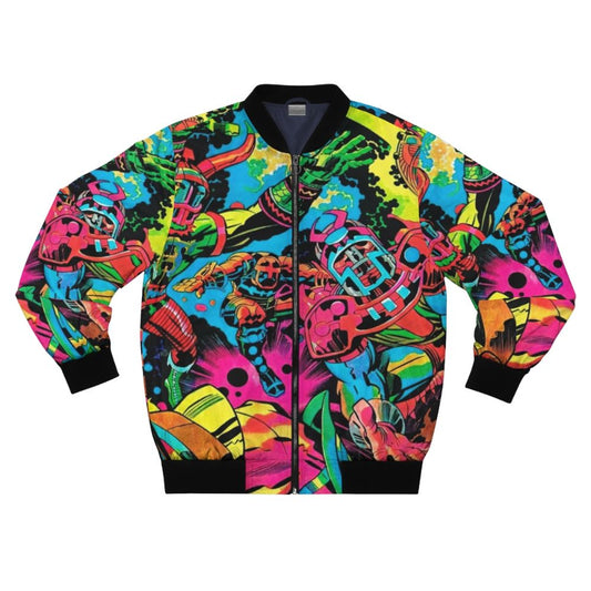 Marvel-inspired Kirby bomber jacket featuring psychedelic and colorful superhero designs