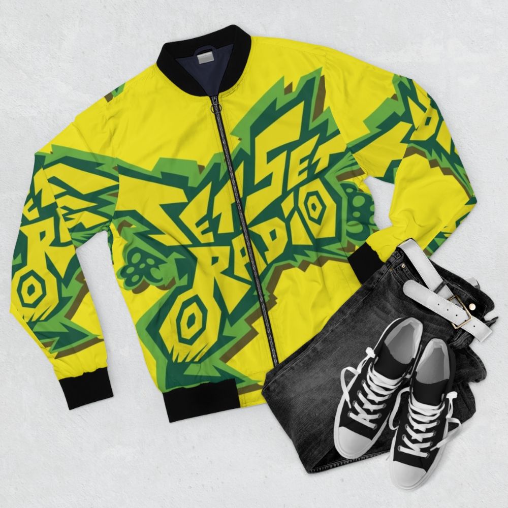 Jet Set Radio inspired bomber jacket with graffiti logo design - Flat lay