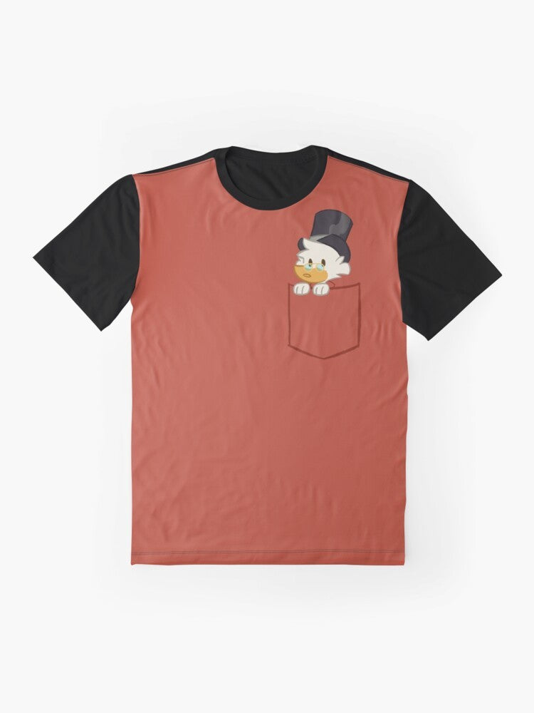 Scrooge McDuck from the Ducktales 2017 reboot, sitting in a pocket on a graphic t-shirt. - Flat lay