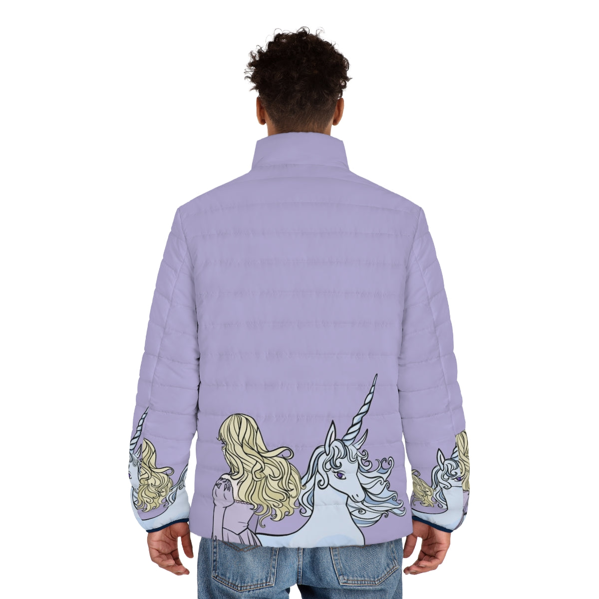 Lady Amalthea from The Last Unicorn inspired puffer jacket with whimsical unicorn design - men back