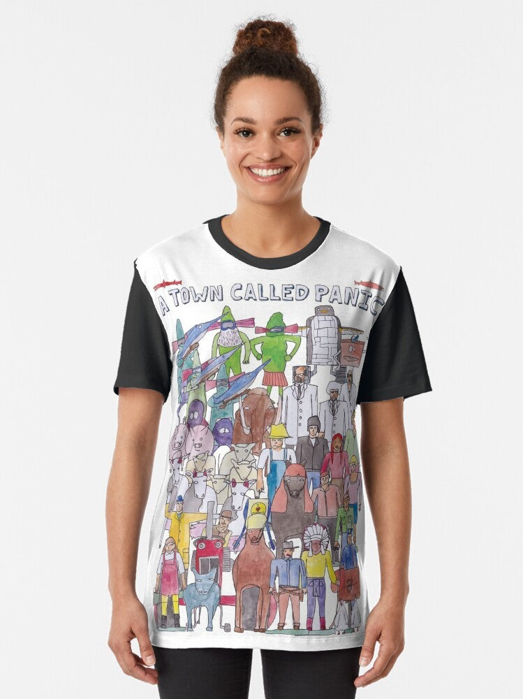 A Town Called Panic Team Illustration Graphic T-Shirt featuring all the characters from the popular French animated film - Women