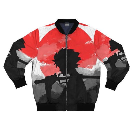 Samurai-inspired bomber jacket with a vibrant sunset design