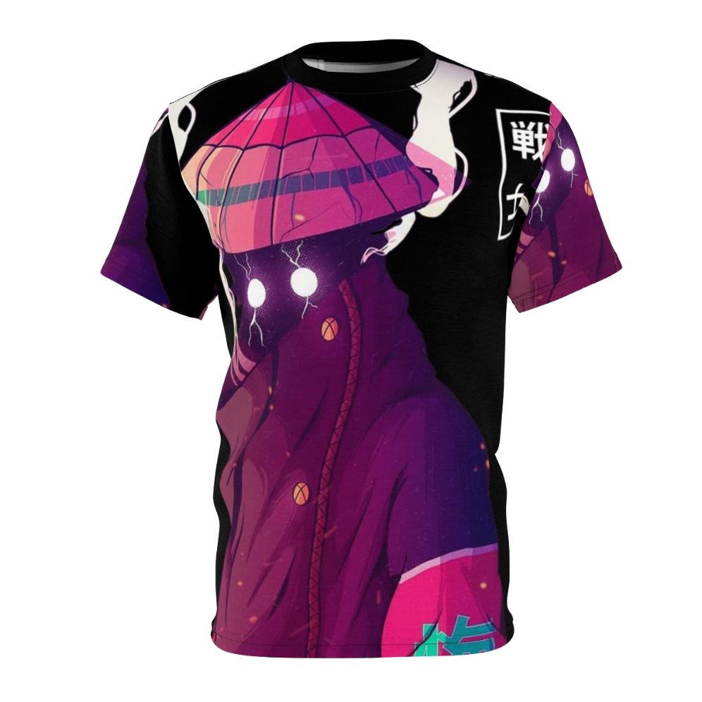 Cutting-edge Japanese cyberpunk-style t-shirt design featuring a samurai warrior in a futuristic, vaporwave-inspired urban setting