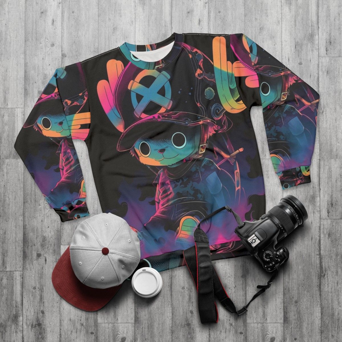 Cotton candy graffiti design on a cozy sweatshirt - flat lay