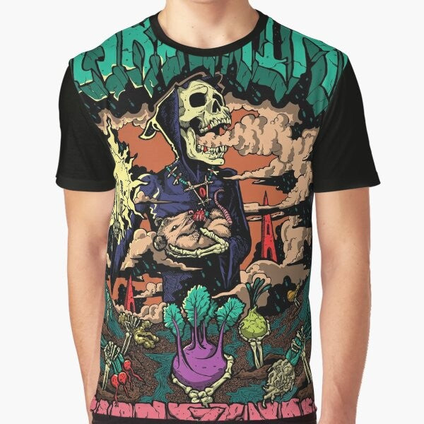 Gardening Death Graphic T-Shirt featuring a skull, plants, and the Grim Reaper.