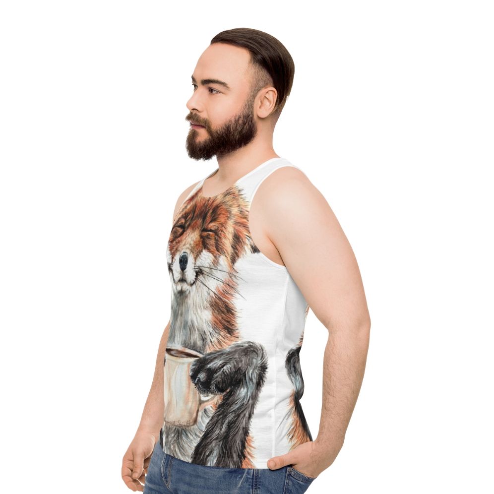 Cute Morning Coffee Fox Unisex Tank Top - men side