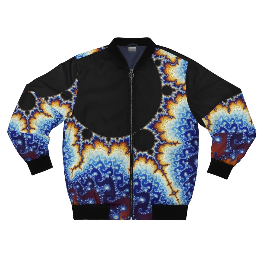 Colorful Mandelbrot set fractal pattern on a bomber jacket