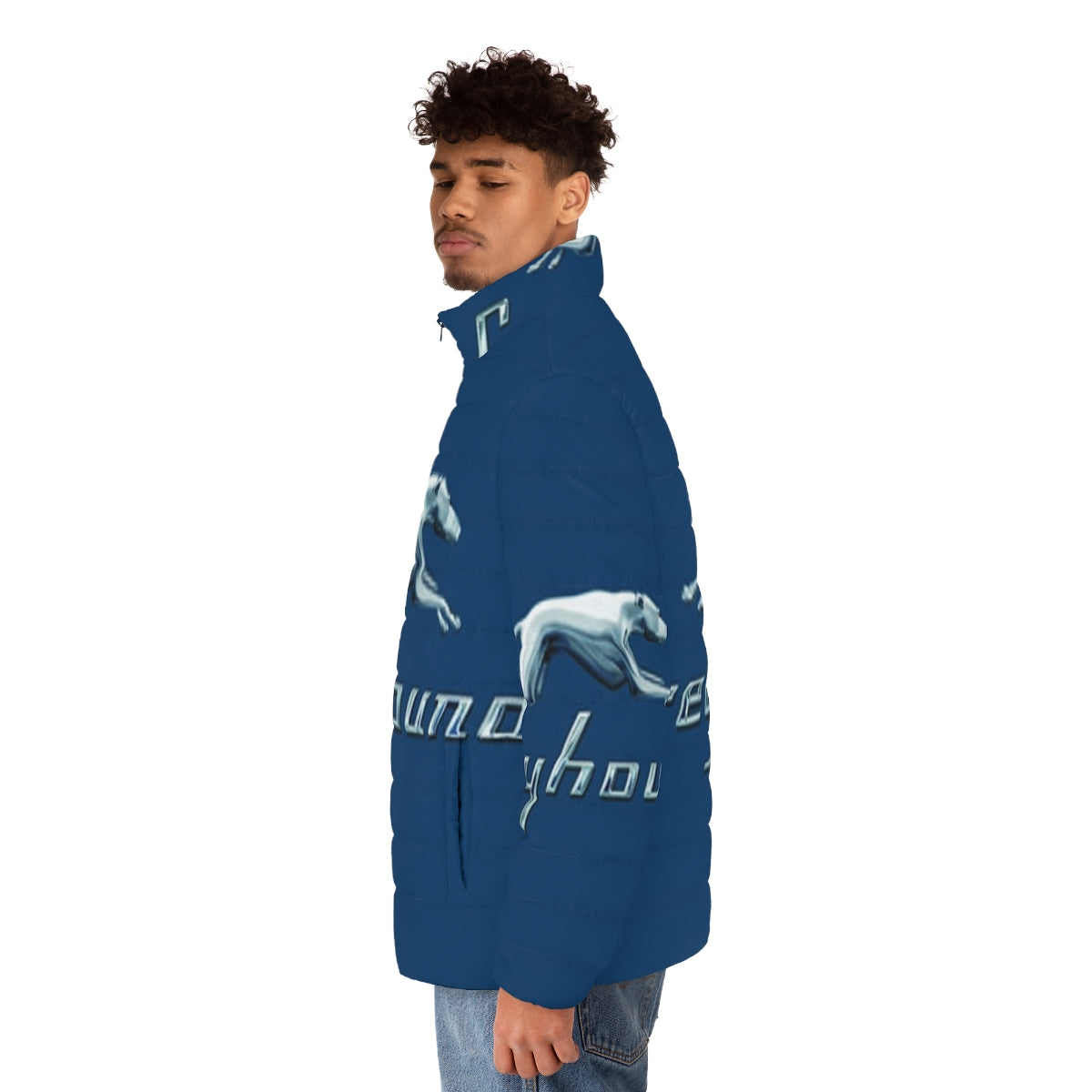 Greyhound blue bus logo printed on a warm and durable puffer jacket - men side left