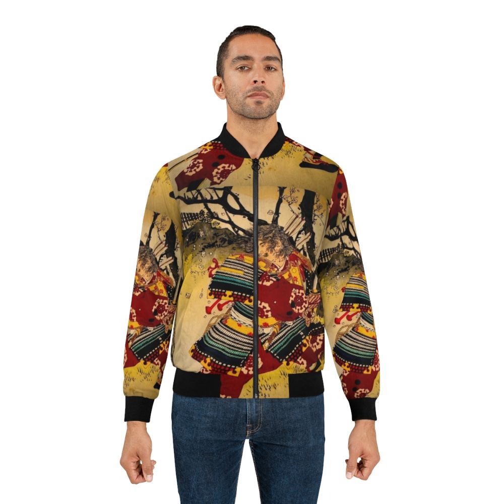 Model wearing a bomber jacket with a samurai warrior and ukiyo-inspired design - Lifestyle