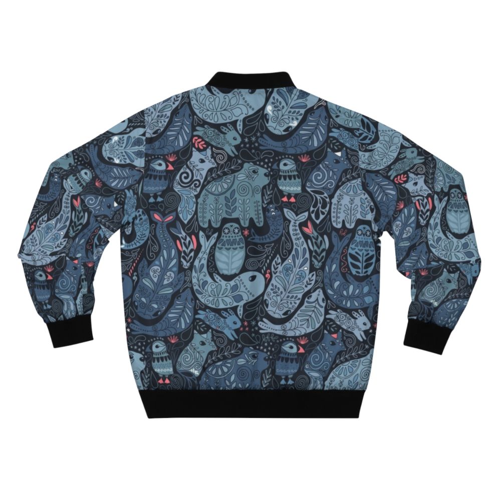 Bomber jacket with arctic animal designs including narwhal, polar bear, and seal - Back