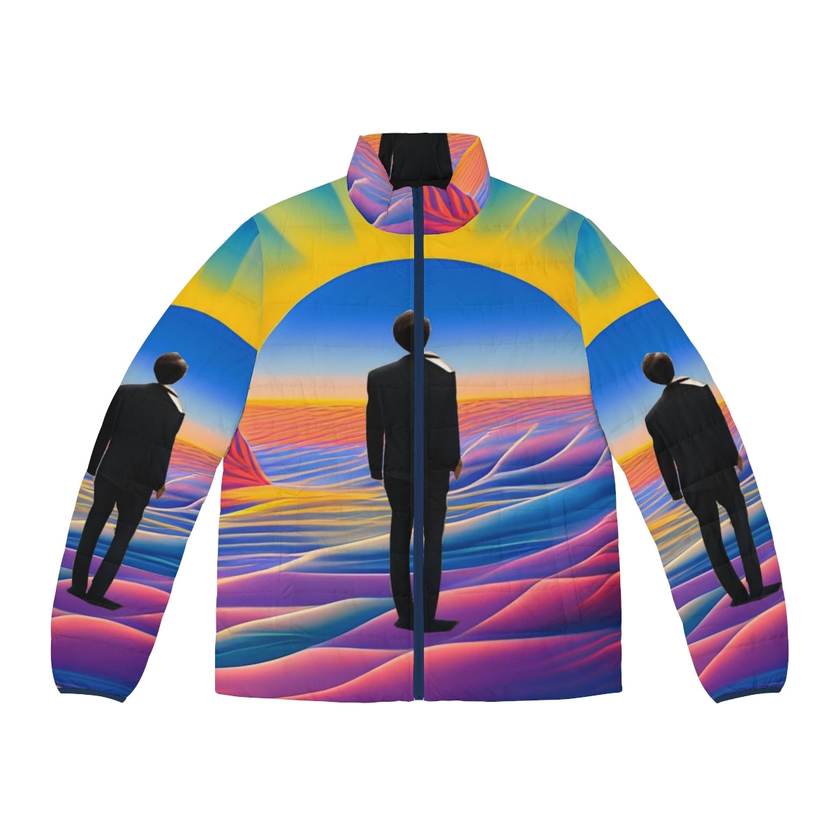 A colorful, abstract puffer jacket with a desert sunrise-inspired design.