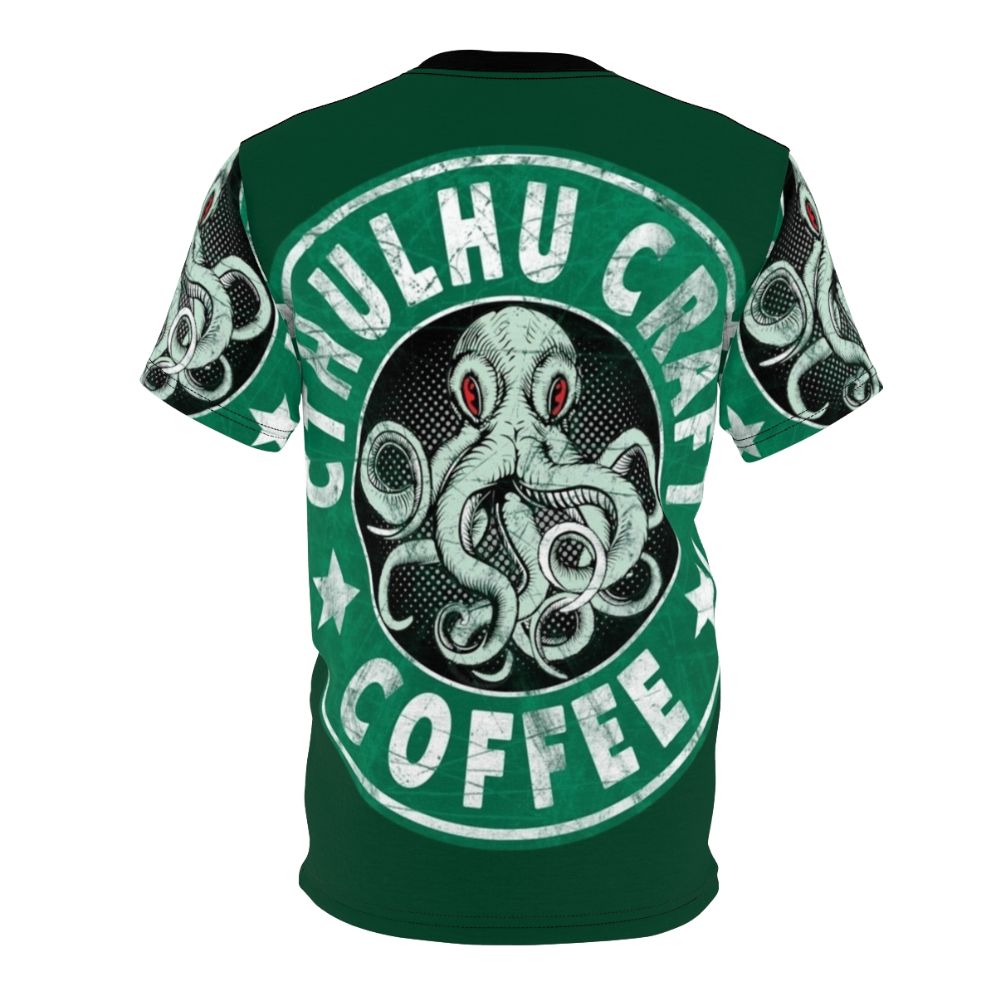 Cthulhu-inspired graphic t-shirt featuring an octopus-like monster and coffee cup design - Back