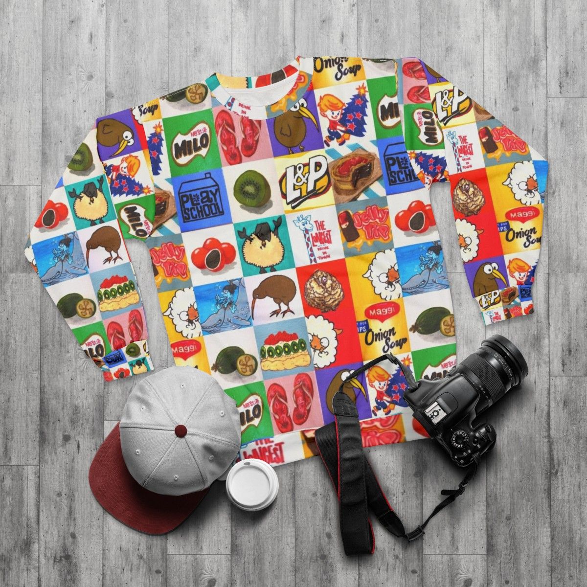 Kiwiana food and drink icons collage sweatshirt - flat lay