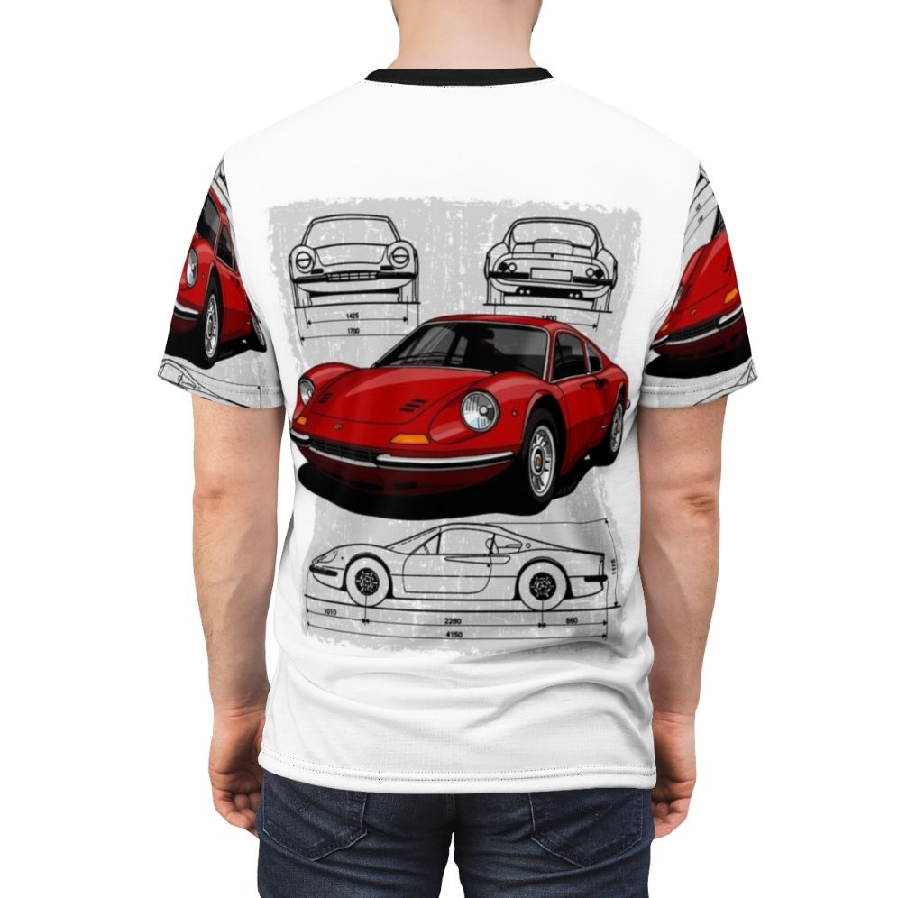 Illustration of an iconic Ferrari Dino 206 GTB sports car on a t-shirt - men back