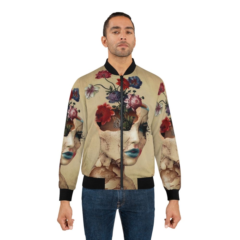 Vintage floral bomber jacket with butterfly and grunge digital art design - Lifestyle