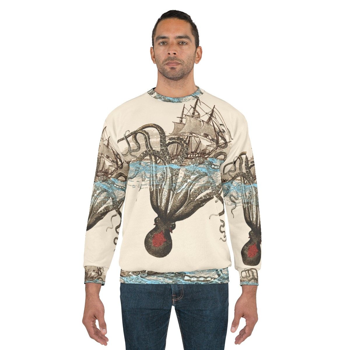 A person wearing a sweatshirt with a kraken design - men