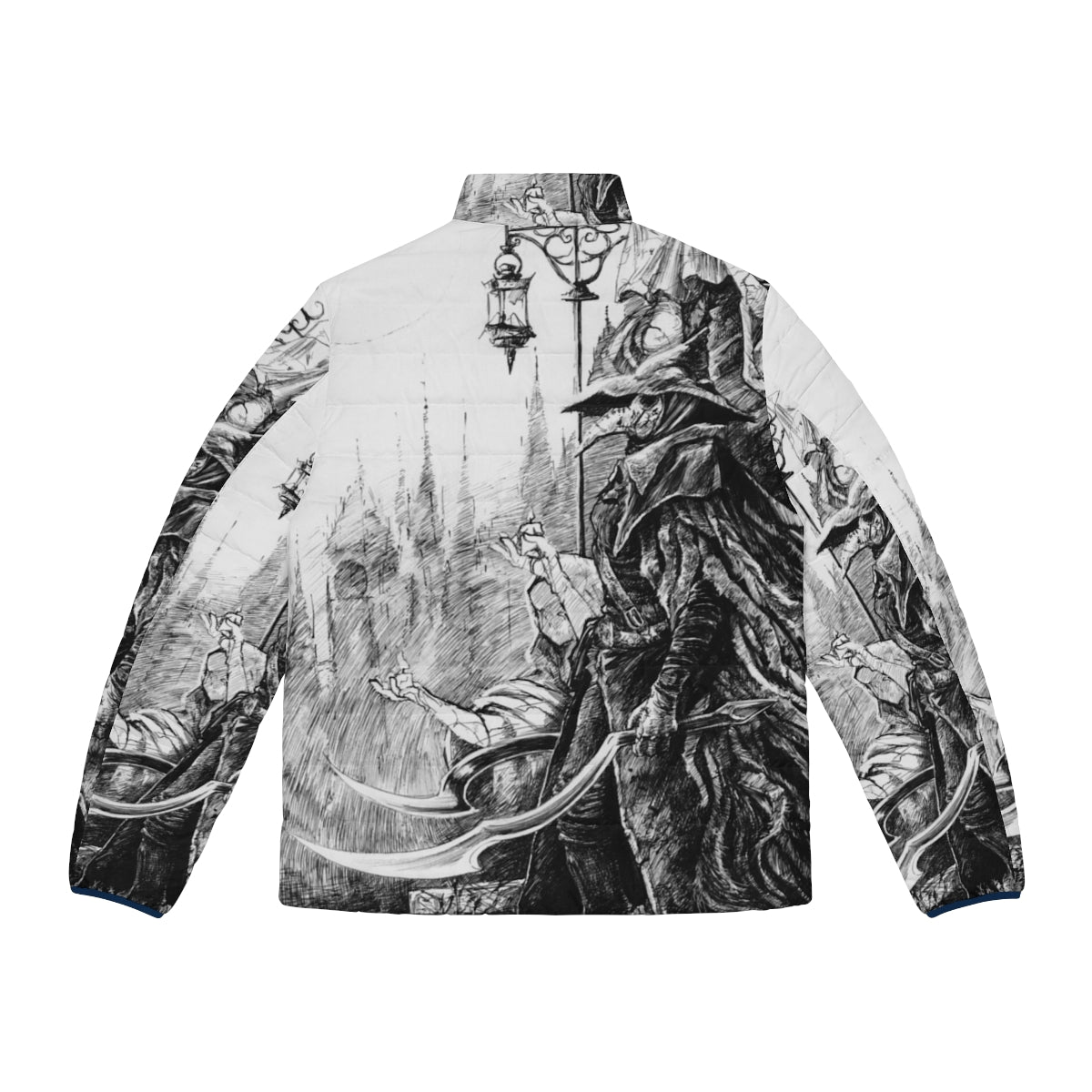 Bloodborne Eileen the Crow Puffer Jacket with traditional ink artwork and plague doctor design - Back