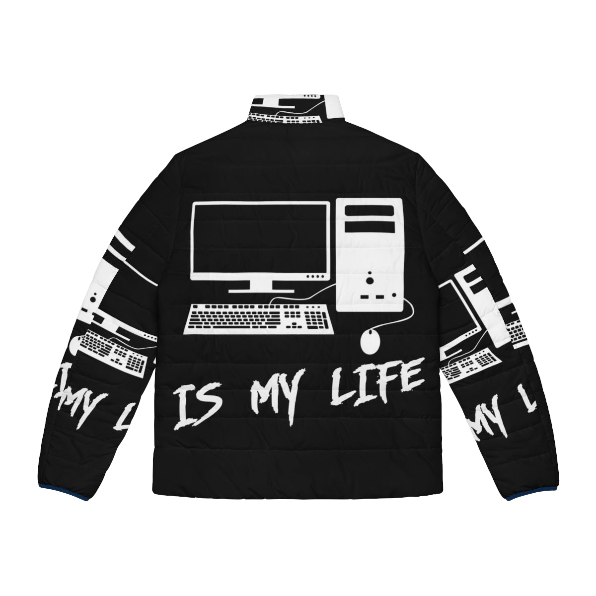 A cozy puffer jacket for computer enthusiasts, featuring a "Computer Is My Life" graphic design. - Back