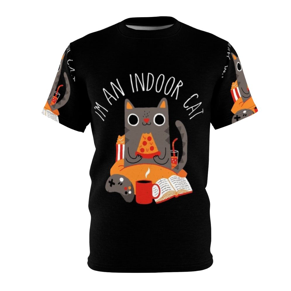 Stylish indoor cat t-shirt for cat lovers who enjoy reading books and playing video games