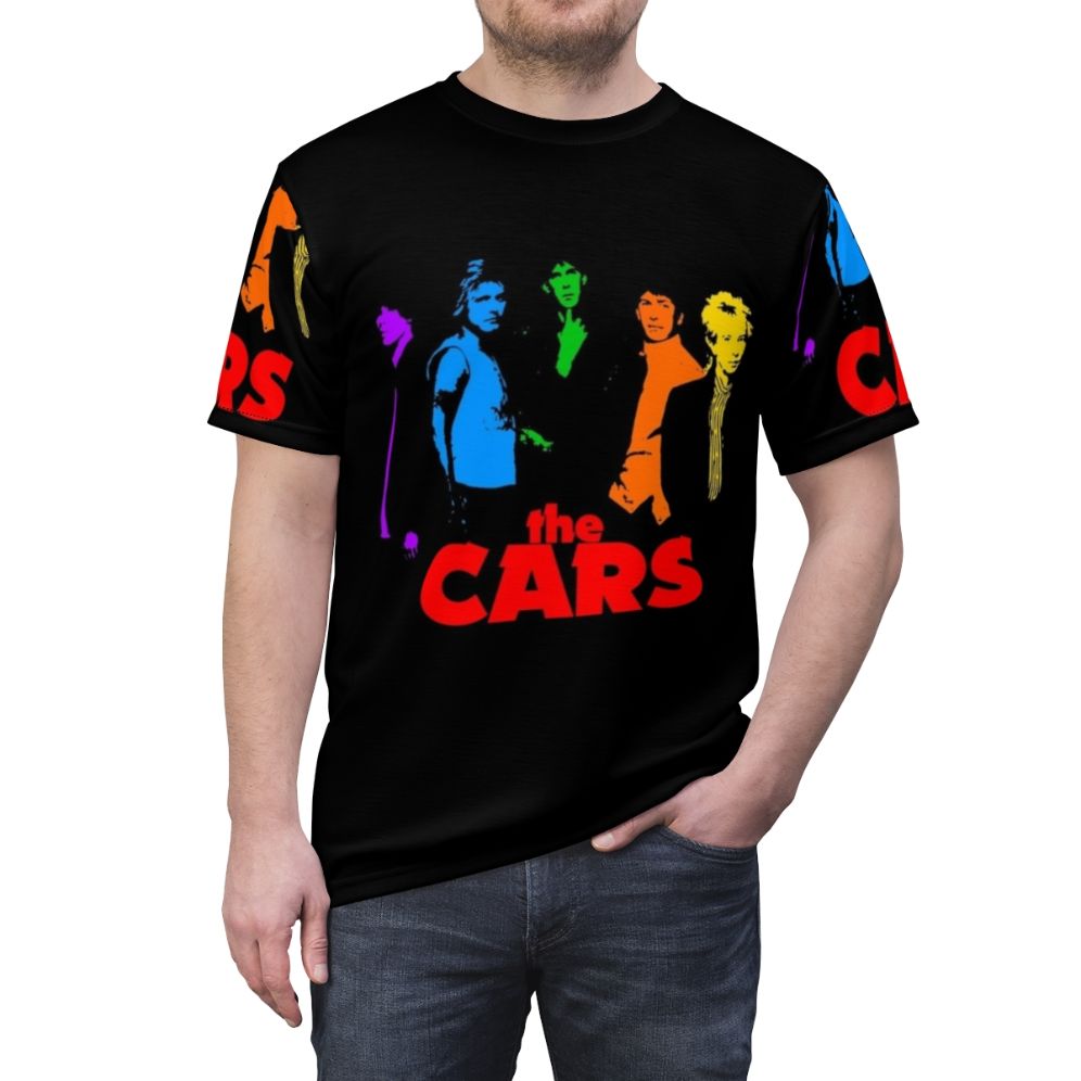 Vintage style t-shirt featuring a graphic design of The Cars, a popular new wave music band from the 1980s. - men front