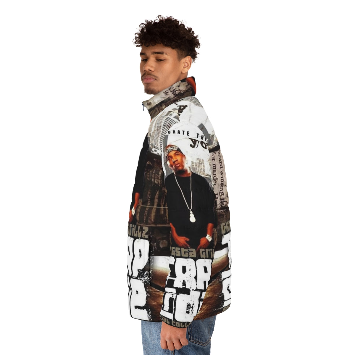 Trap music puffer jacket with vintage album cover design - men side left