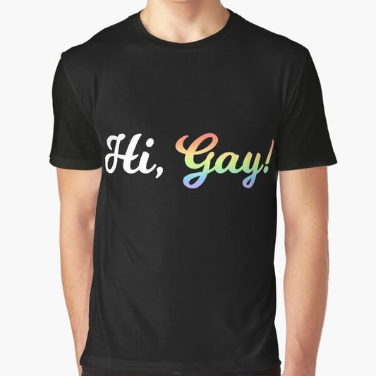 A colorful graphic t-shirt with the text "Hi, Gay!" in a rainbow design.