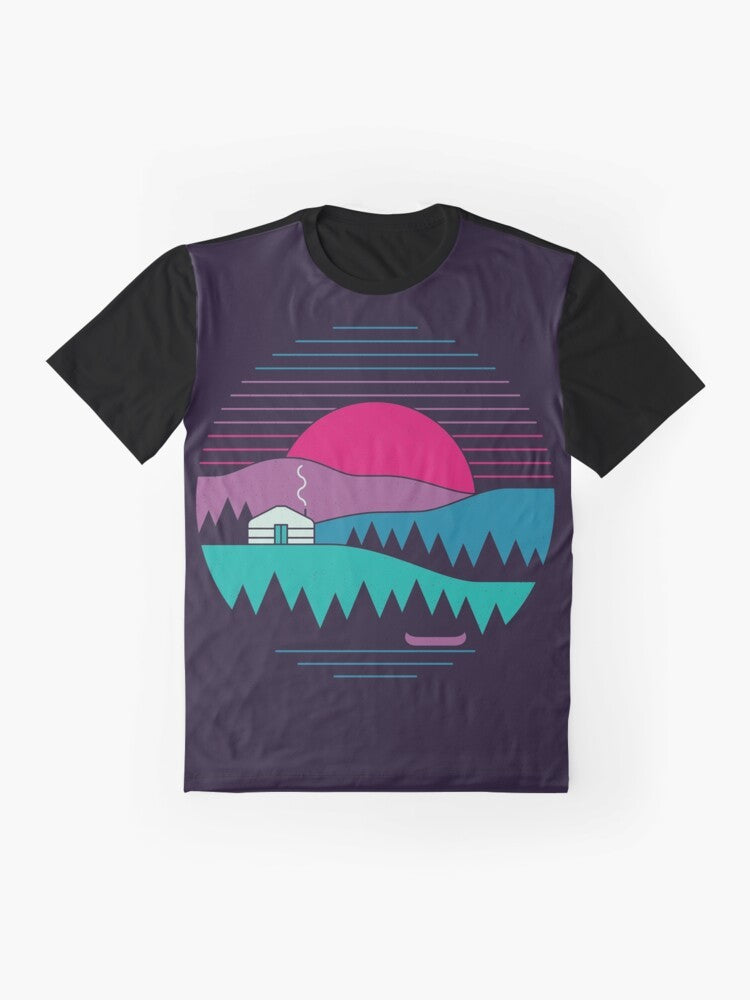 A minimalist graphic t-shirt design featuring a nature landscape with mountains, hills, and a simple geometric shape. - Flat lay