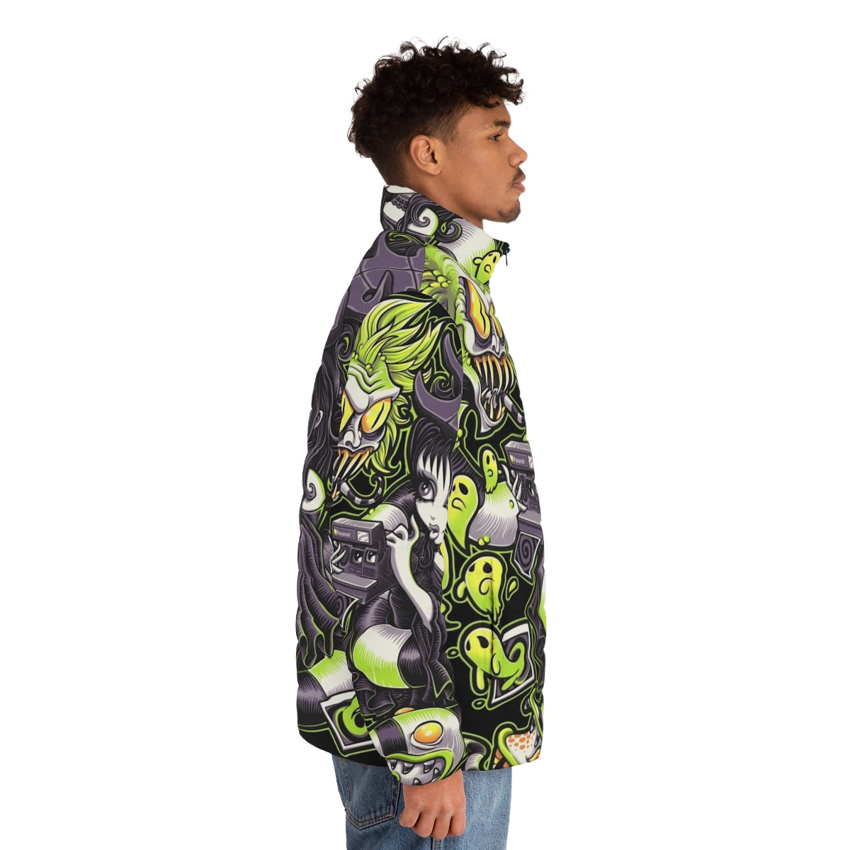 A puffer jacket with a gothic, horror-inspired design featuring Beetlejuice-inspired elements - men side right