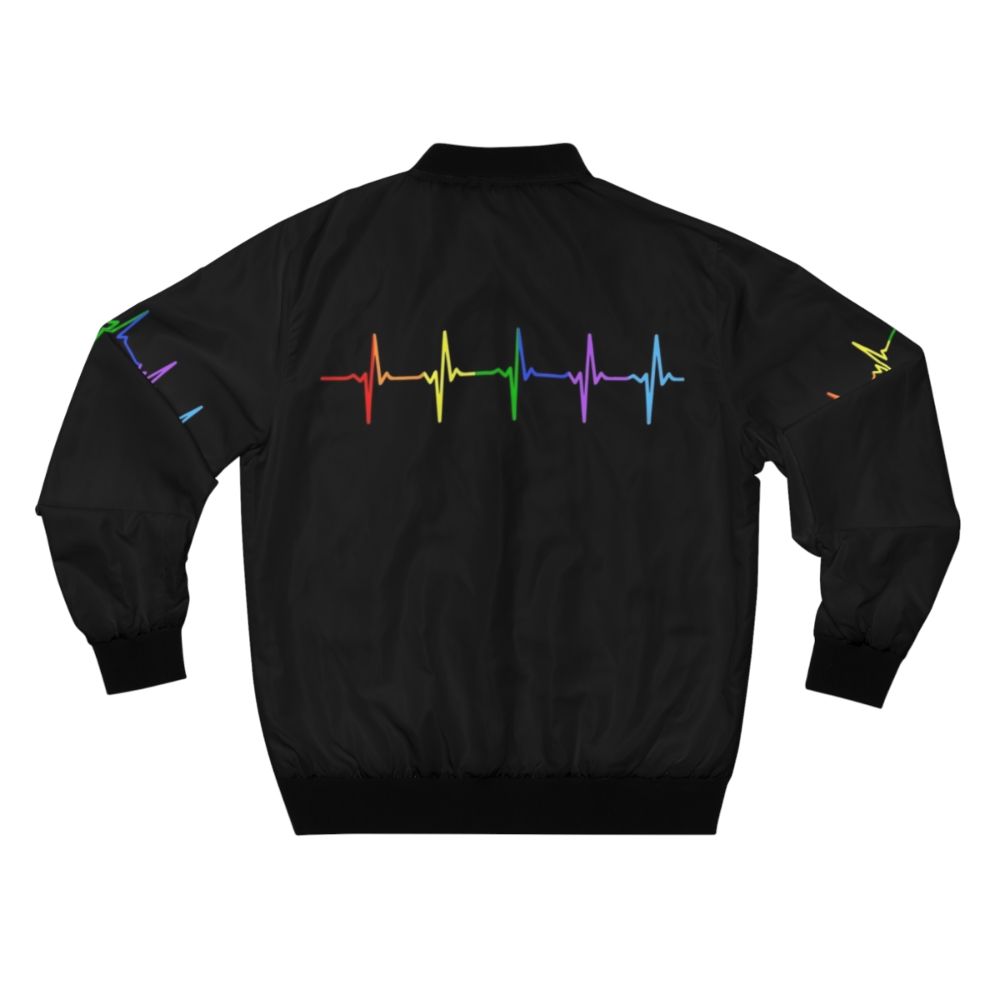 Rainbow LGBTQ Pride Bomber Jacket with Heartbeat Pulse Design - Back