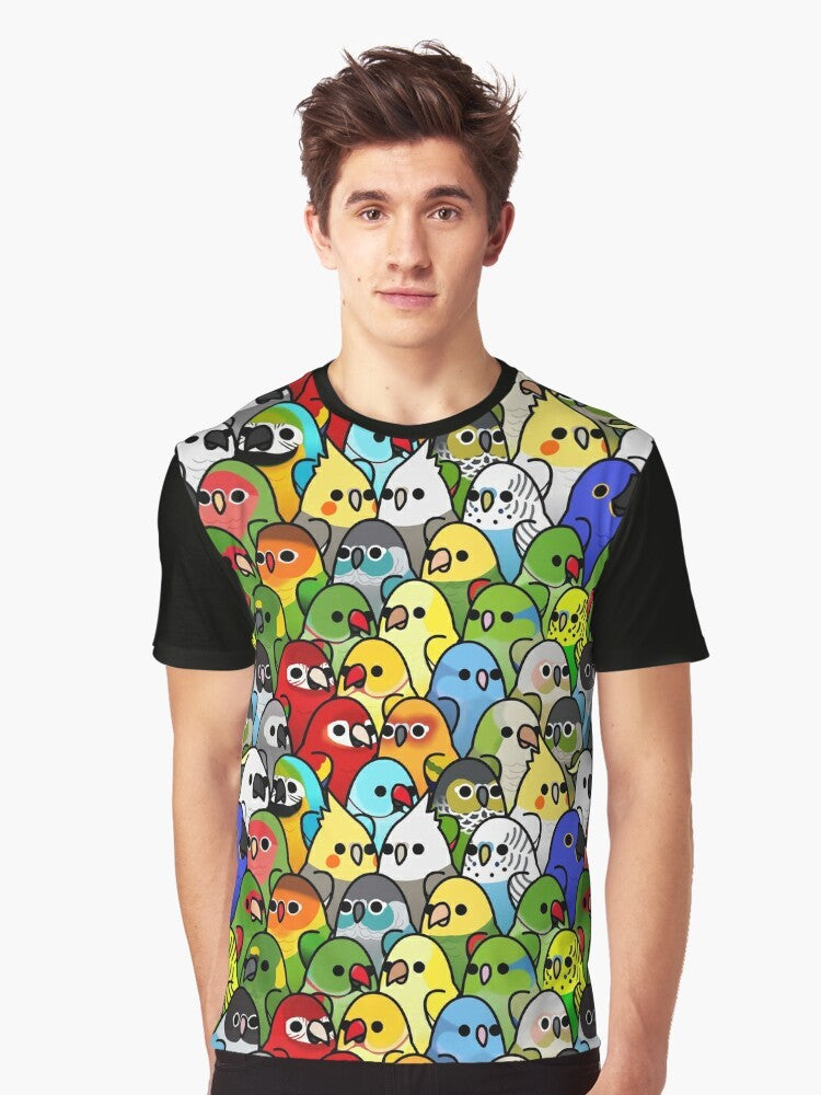 Colorful graphic t-shirt featuring a group of cute birds, including cockatiels, cockatoos, macaws, and more. The text "Too Many Birds!" is prominently displayed. - Men