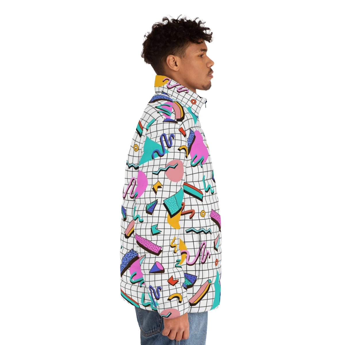 Funky 80s puffer jacket with colorful retro memphis pattern design - men side right