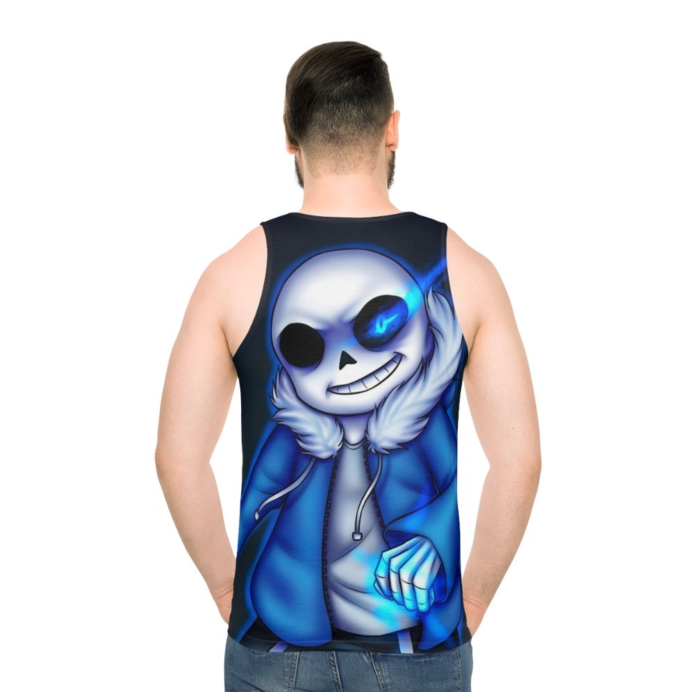 Glowing blue-eyed Sans skeleton unisex tank top - men back