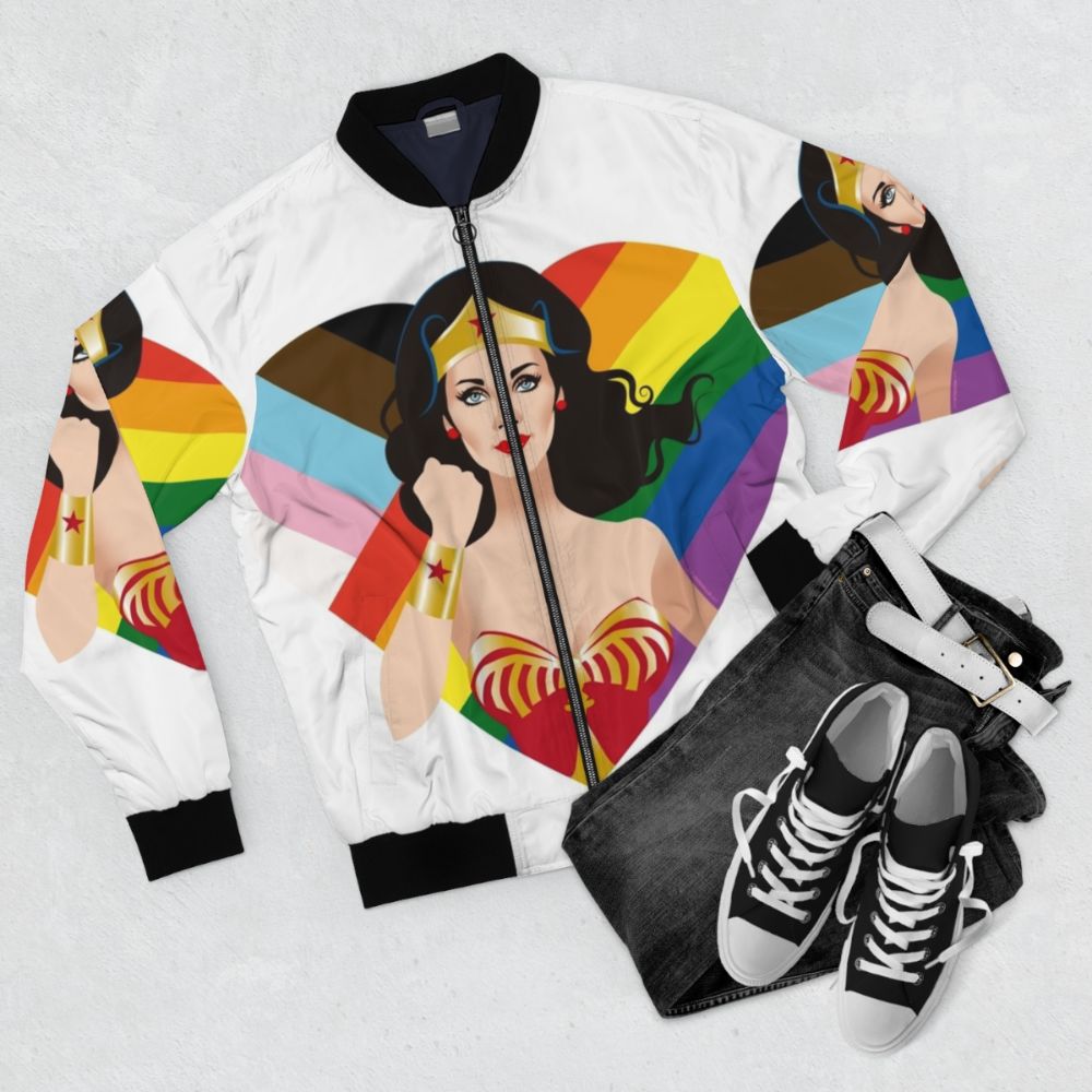 Colorful pride-themed bomber jacket with Alejandro Mogolloart design - Flat lay