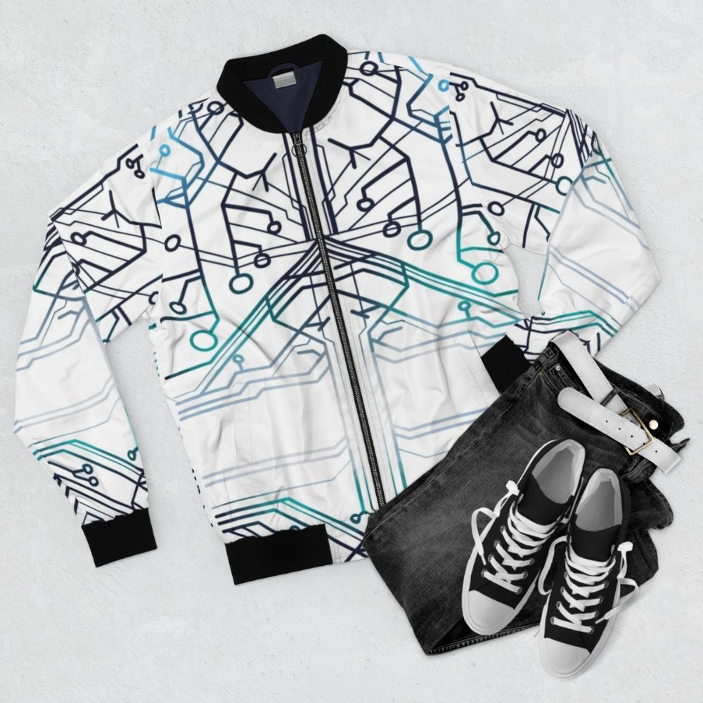 Squip's Hoodie Pattern Bomber Jacket with circuit and electric designs, inspired by the musical Be More Chill - Flat lay