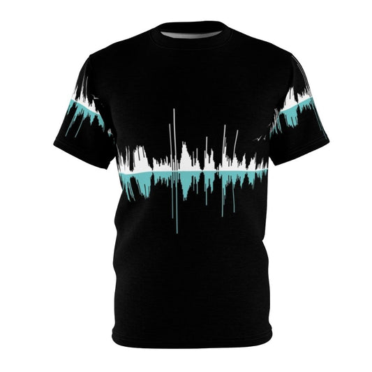 Black and white graphic t-shirt with a sound wave and city skyline design