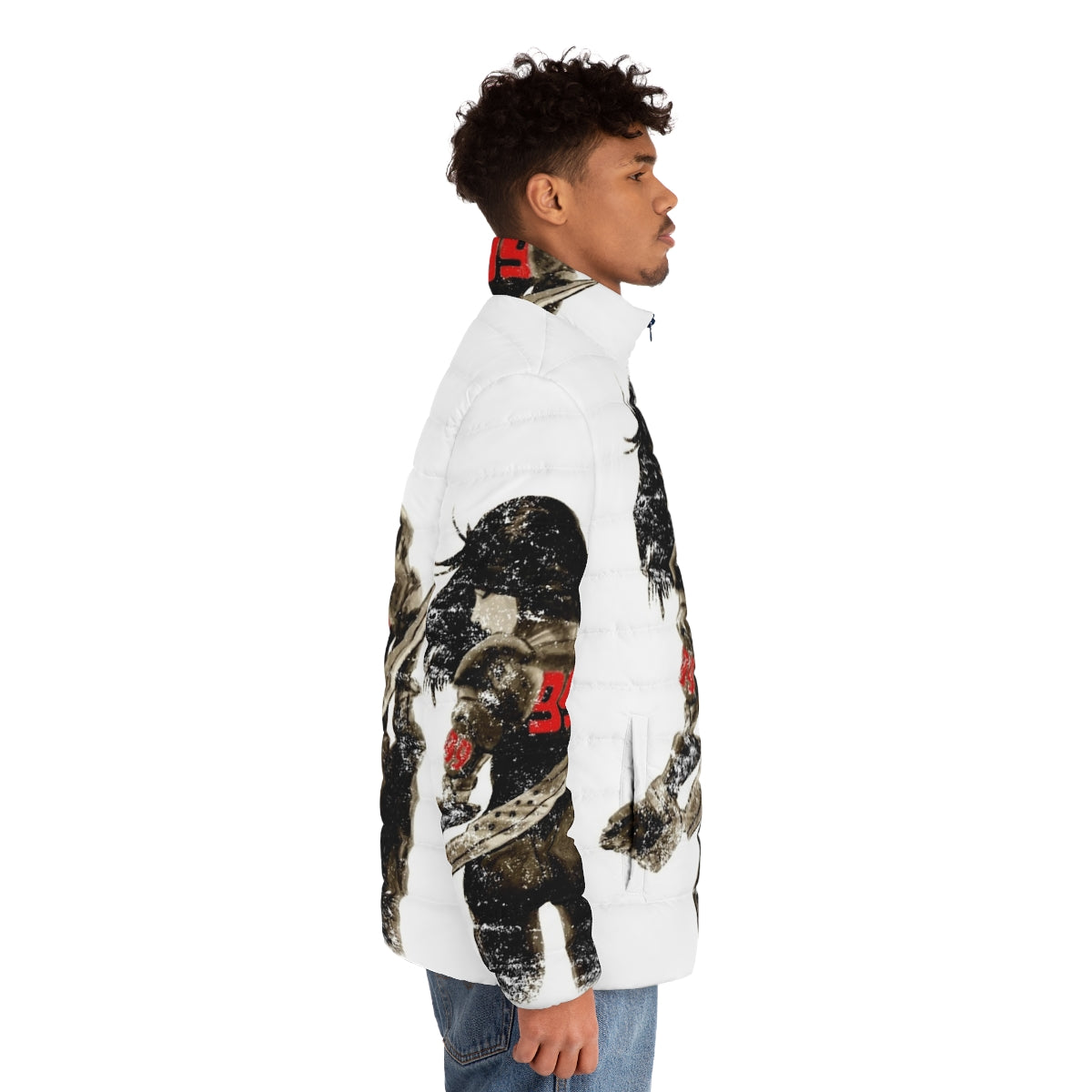 Cyberpunk-inspired distressed puffer jacket featuring a manga angel design, inspired by Battle Angel Alita - men side right