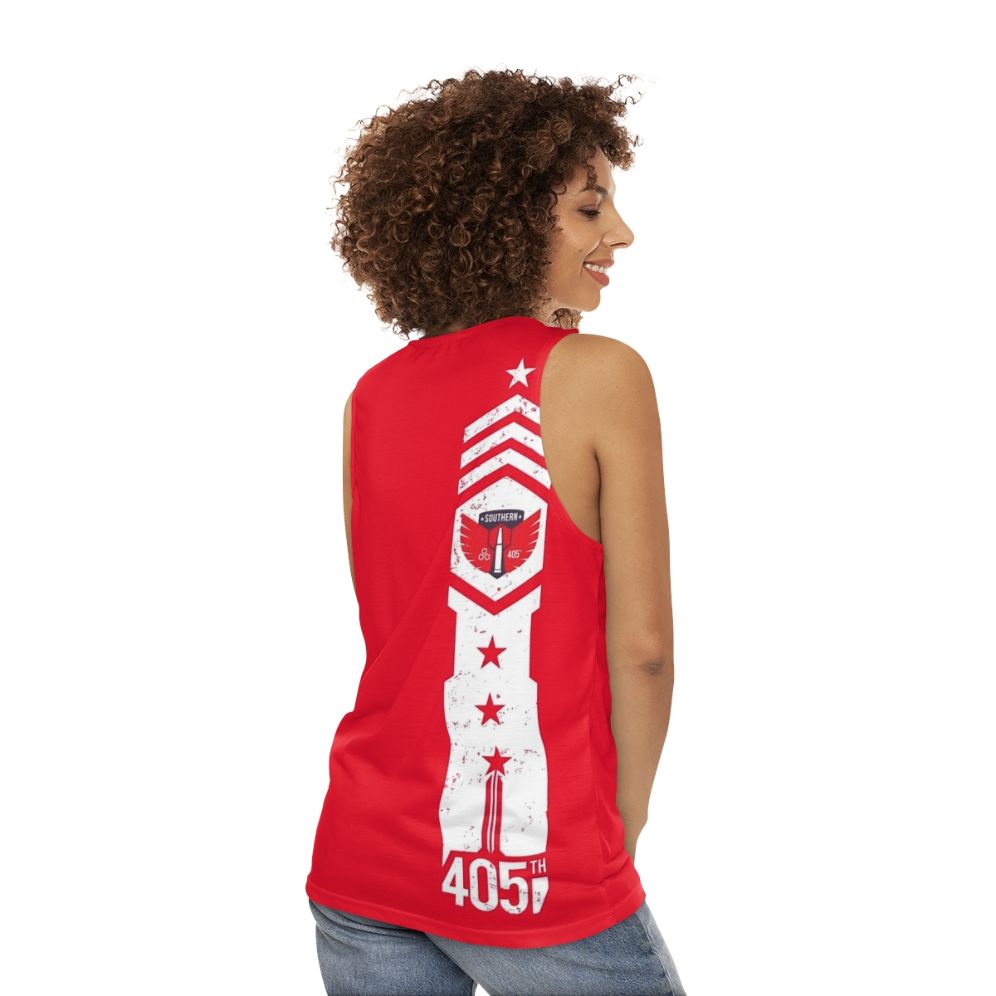 405th Southern Regiment unisex tank top with Halo Spartan armor design - women back