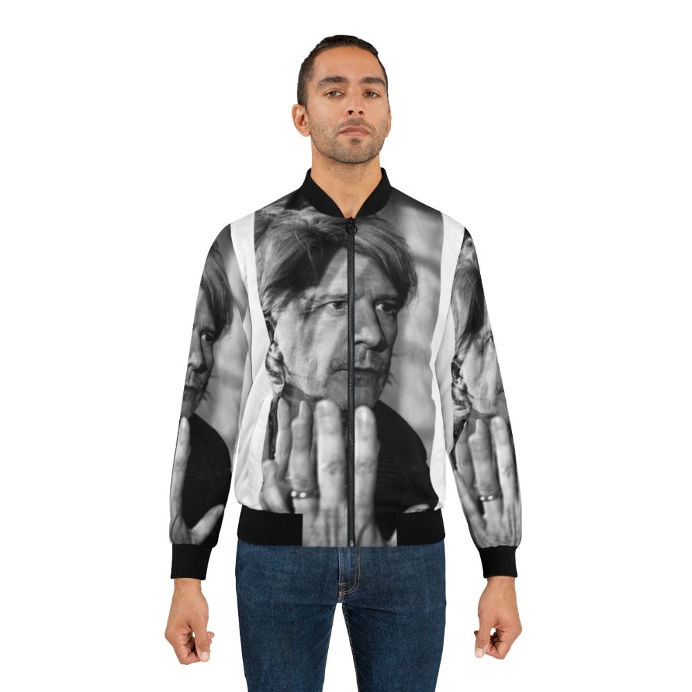 Indochina bomber jacket featuring a black and white portrait design by Nicola Sirkis - Lifestyle