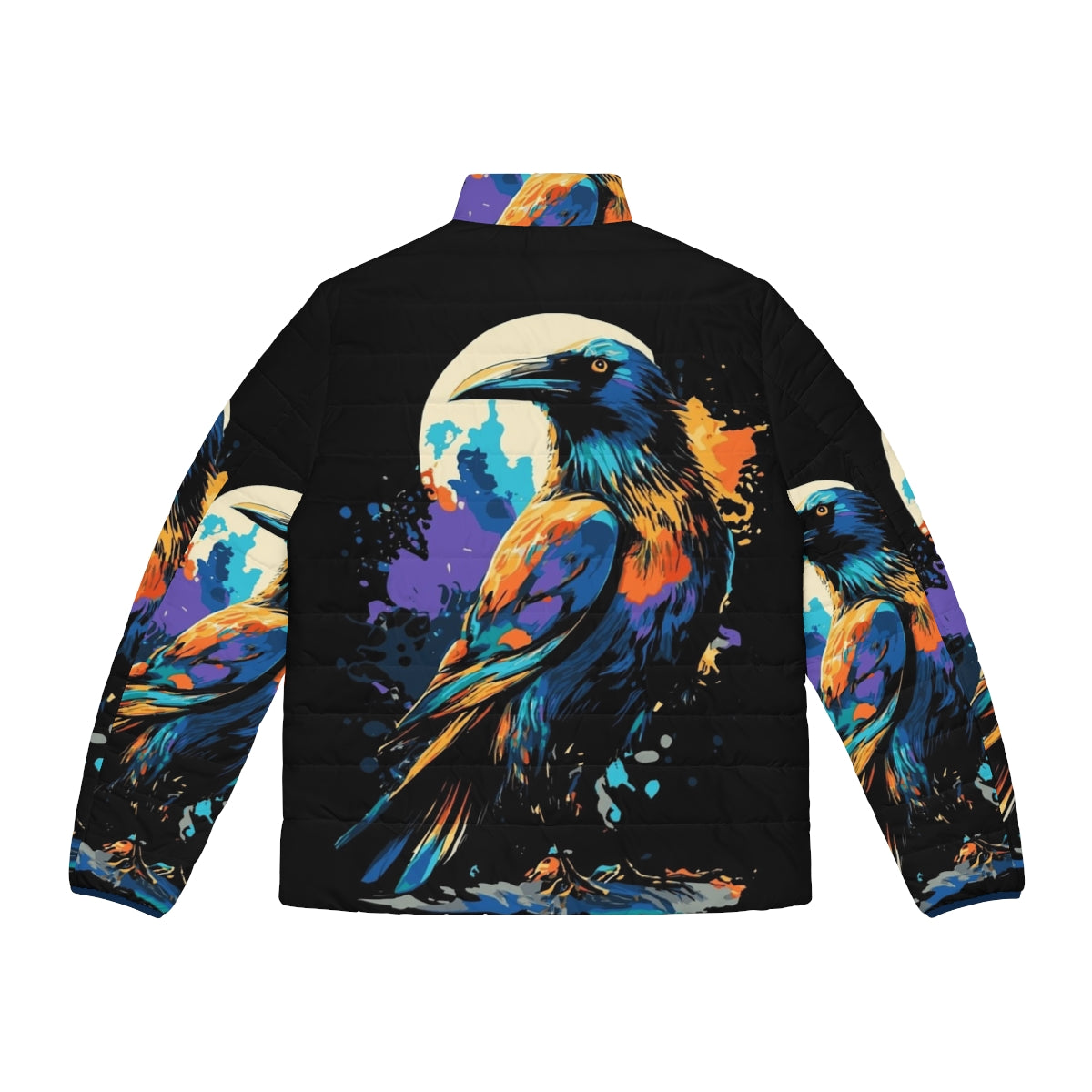 Colorful puffer jacket with a raven design for winter - Back