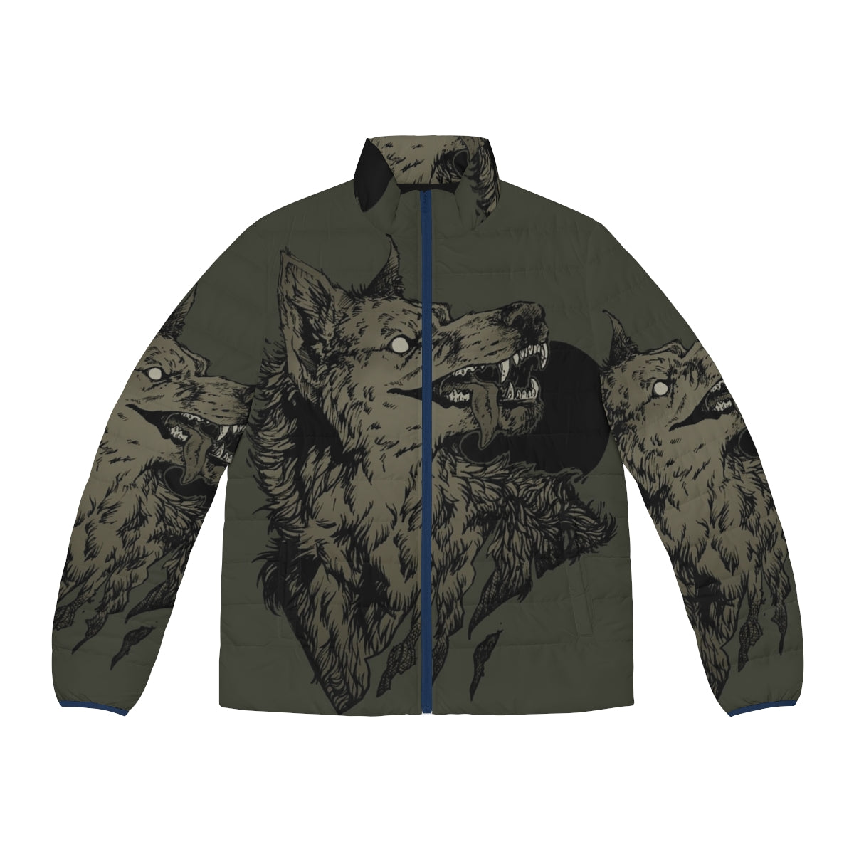 Black puffer jacket with werewolf design, featuring a full moon and howling wolf