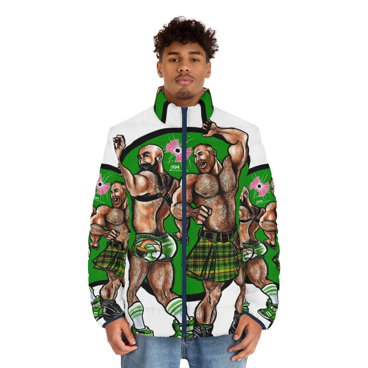 Bearded, muscular bear models wearing a puffer jacket in a fantasy-inspired erotic design - men front