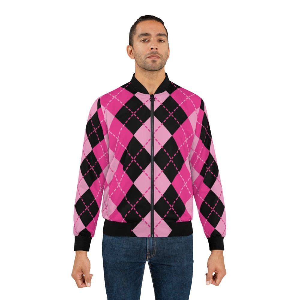 A pink bomber jacket featuring an argyle pattern design in a classic, retro-inspired style. - Lifestyle